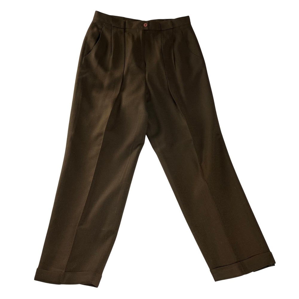 Jones New York Olive Brown Worsted Wool Tailored Trousers Cuffed Size 16‎